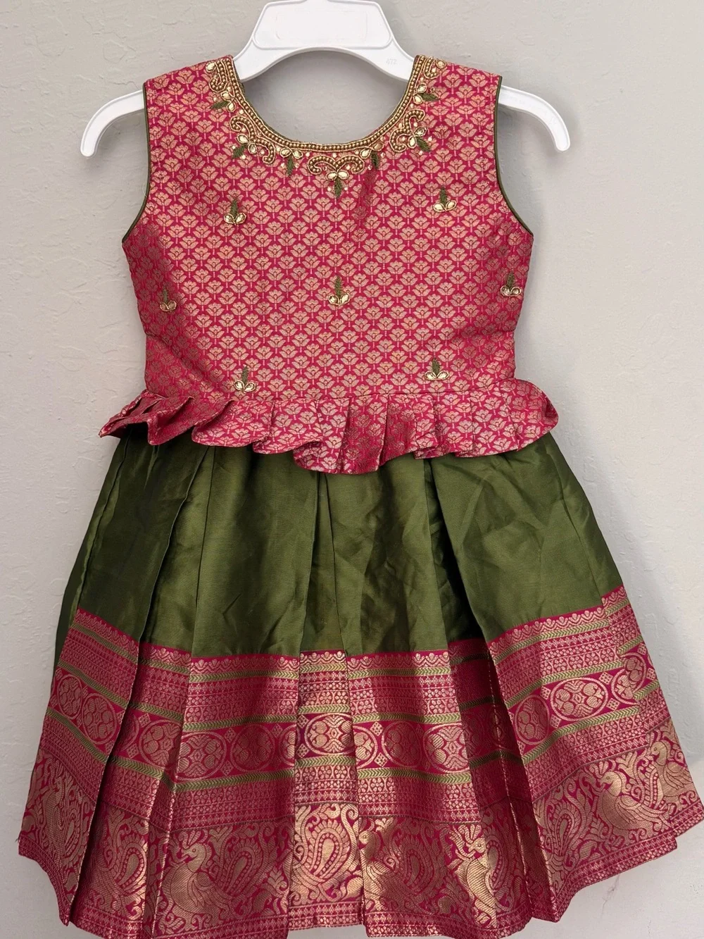 Girls Pink Brocade Peplum Top with Olive Green Skirt - Festive Dress
